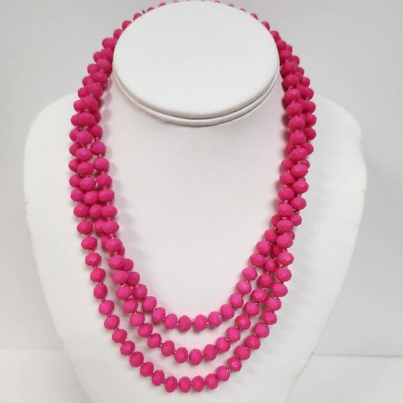 Hot pink faceted heavy bead necklace 57   inches boho barbie retro knotted - Picture 1 of 6